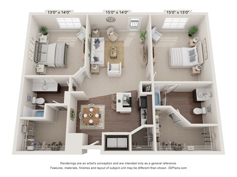 a 3d floor plan of a room with furniture and a balcony
